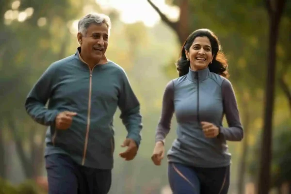 An elderly couple jogging outdoors together, enjoying an active and healthy lifestyle.