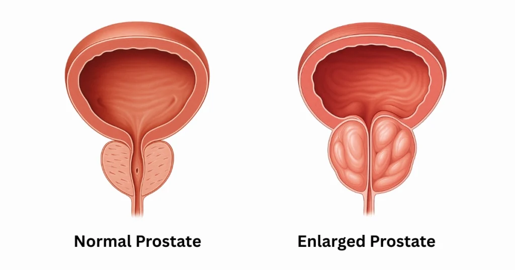 Medical illustration showing a side-by-side comparison of a normal prostate and an enlarged prostate pressing against the urethra and bladder.