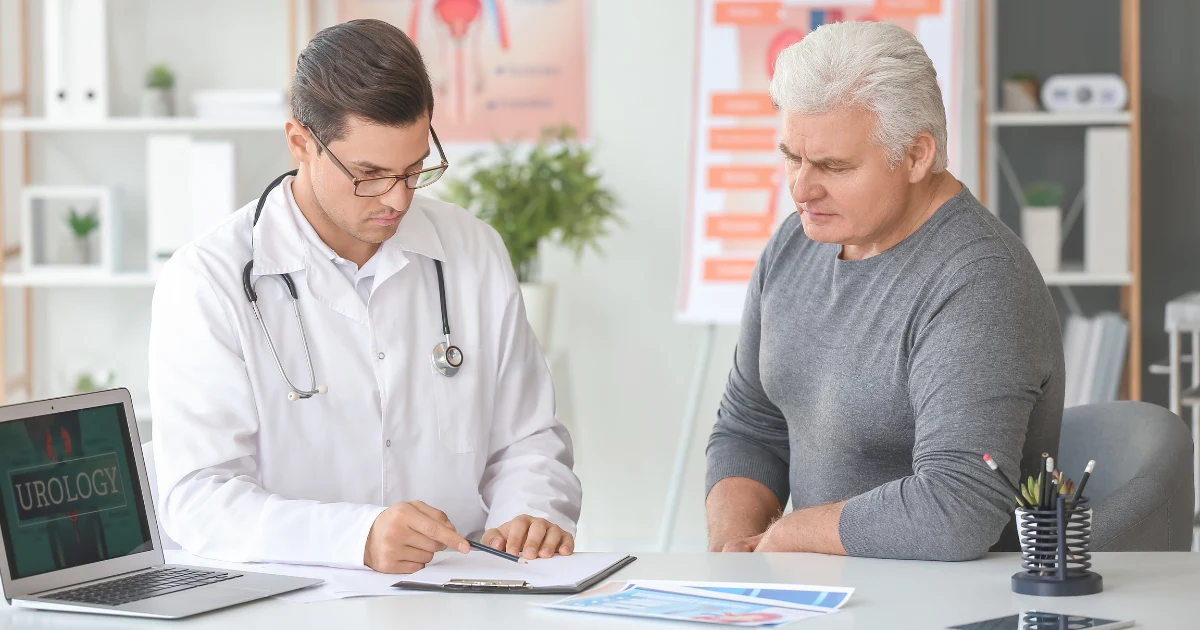 Doctor wearing a white overall and stethoscope, sitting beside a patient and discussing health concerns in a clinical setting.