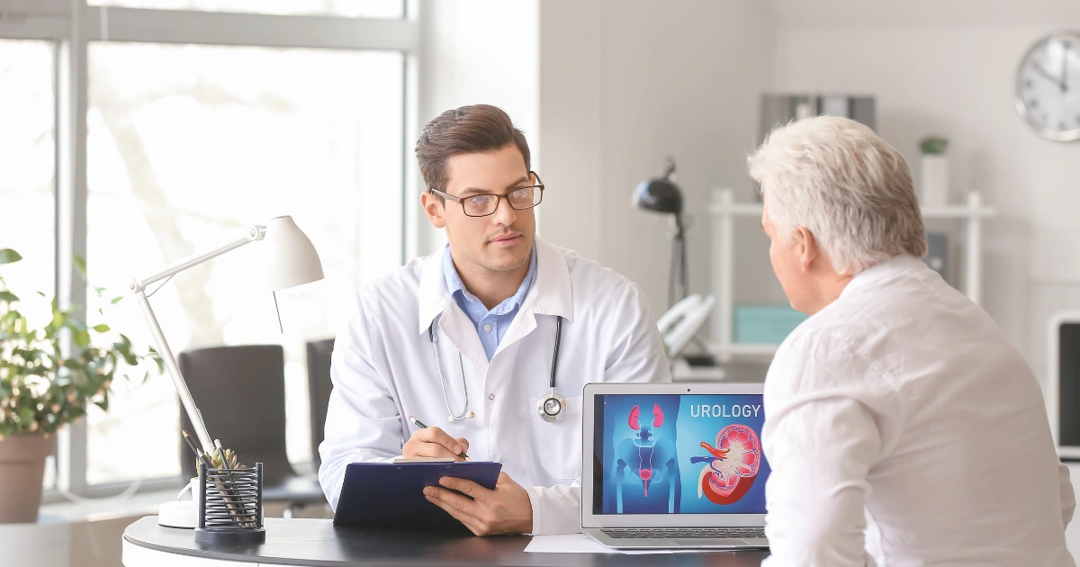 Urologist consulting with a male patient about prostate-related concerns, reviewing symptoms, test results, or treatment plans.